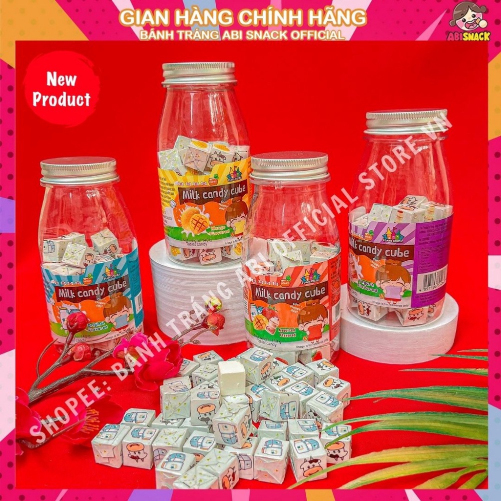 KẸO SỮA CHUA KHÔ VỊ TRÁI CÂY GỒM 4 VỊ LỌ MILK CUBE FUNNY CASTLE LỌ 140g Xả Kho