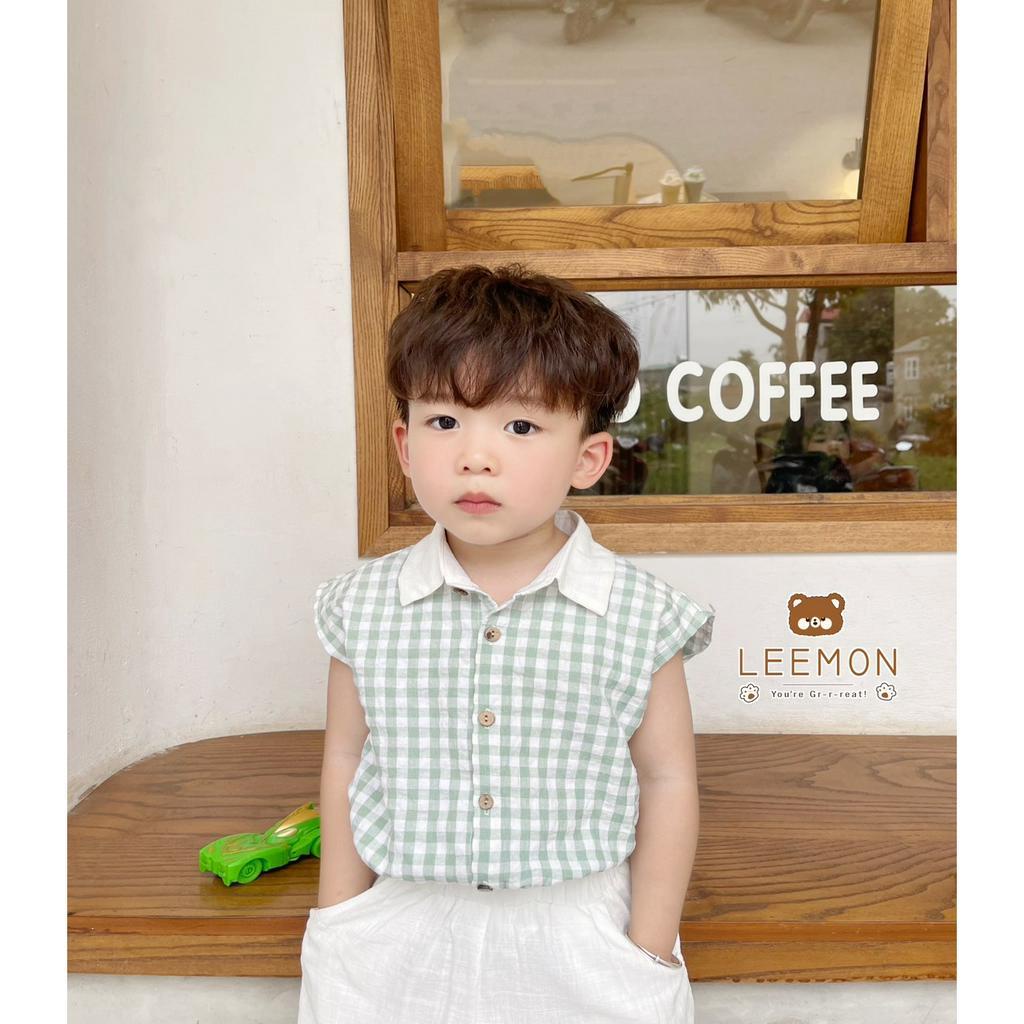 Bộ quần áo  bé trai, sơ mi sát nách, quần boomber BEEMO LEEMON 23B110, bộ đồ áo chất vải thô xốp, quần thô karo mềm mại