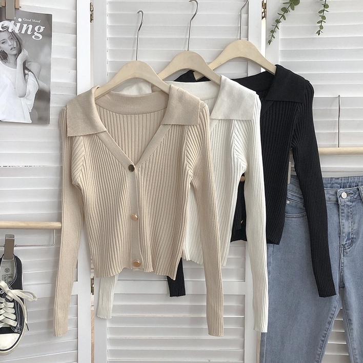 NUZIRO  Áo cardigan  dệt kim tay dài cổ chữ v màu sắc đơn giản phong cách Hàn Quốc cho nữ