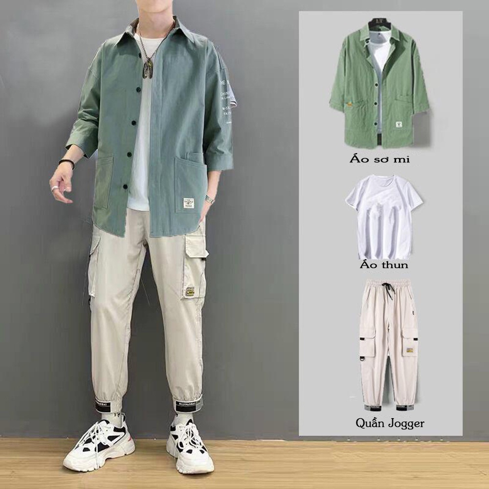 Set Đồ Nam Thanh Lịch Mùa Hè Áo Sơ Mi Cổ Đức Phối Túi Trẻ Trung Kết Hợp Với Quần Jogger Túi Hộp Bo Gấu Tặng Kèm Áo Phông