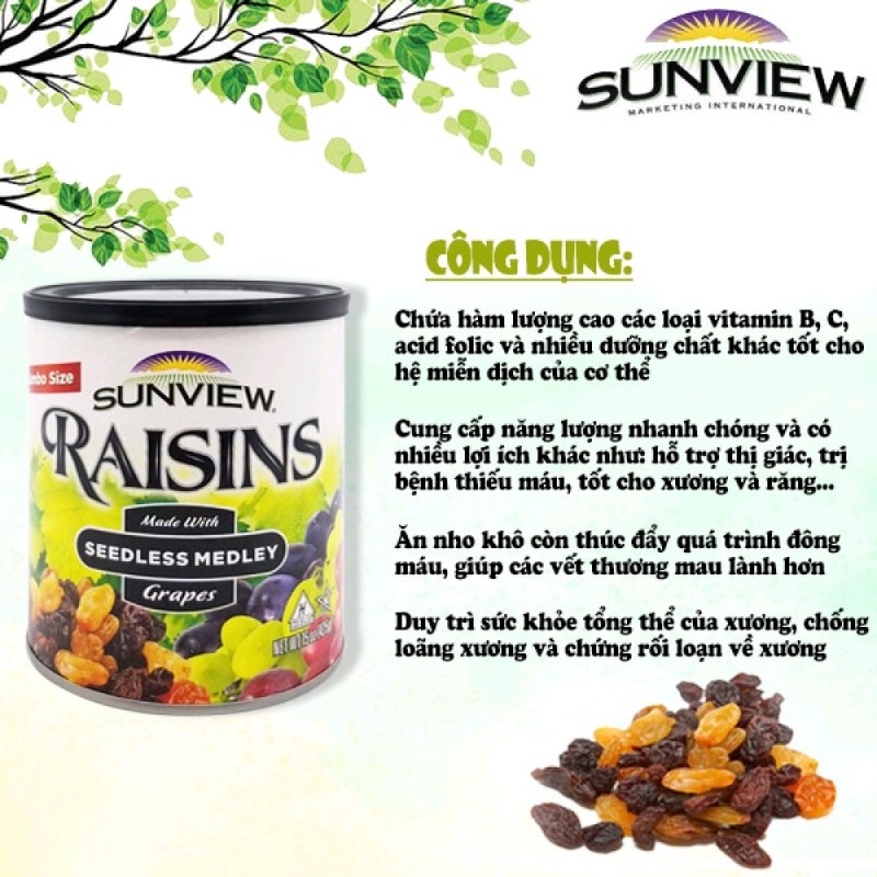 Hộp nho khô mỹ không hạt Sunview Raisins Mỹ 425g