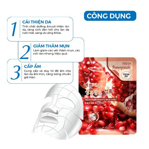 Mặt nạ giấy Lựu đỏ dưỡng trắng da dưỡng ẩm mờ thâm nám chiết xuất từ Lựu Đỏ 3W Clinic Hàn Quốc 23ml