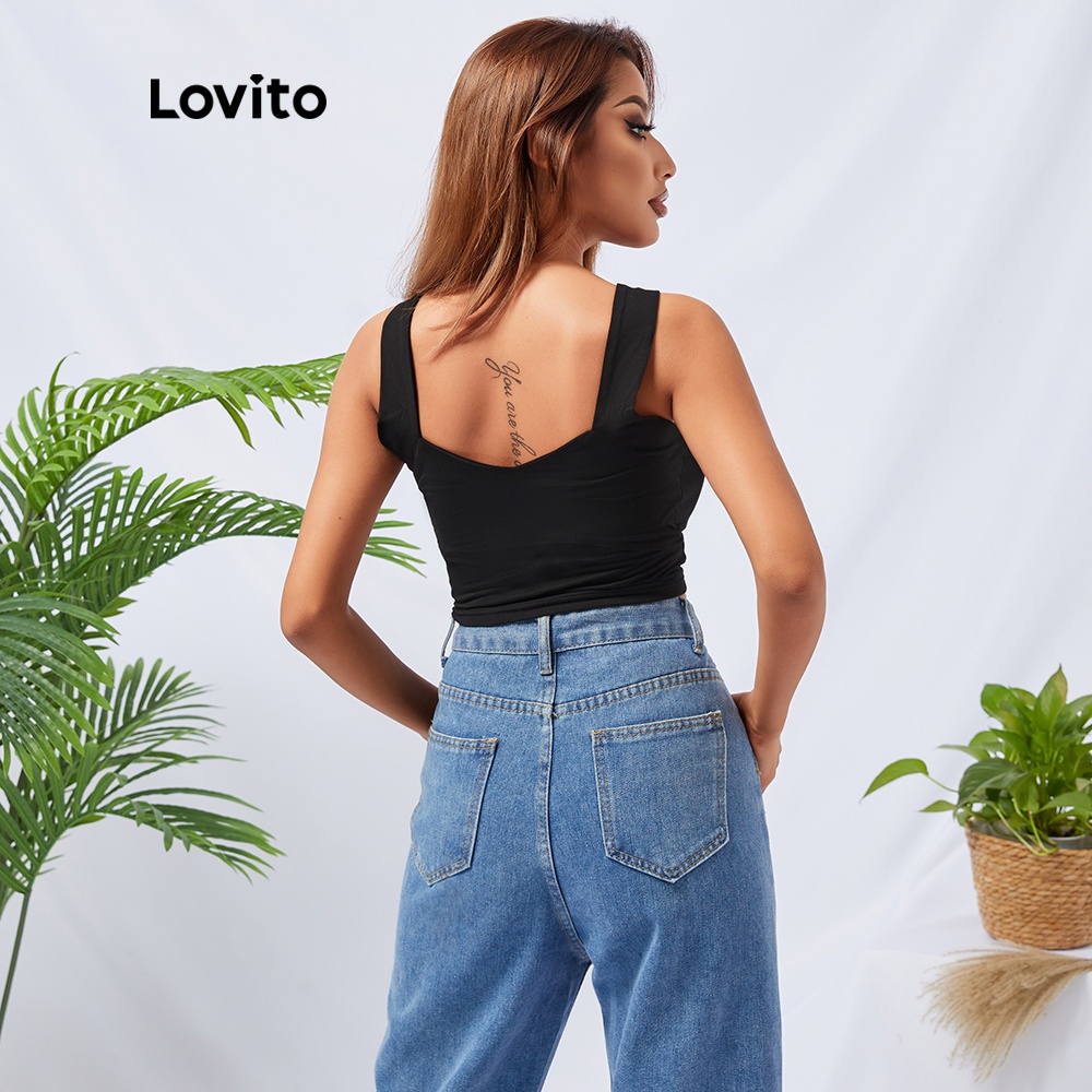 Áo tank Lovito top cổ yếm màu đen L11074