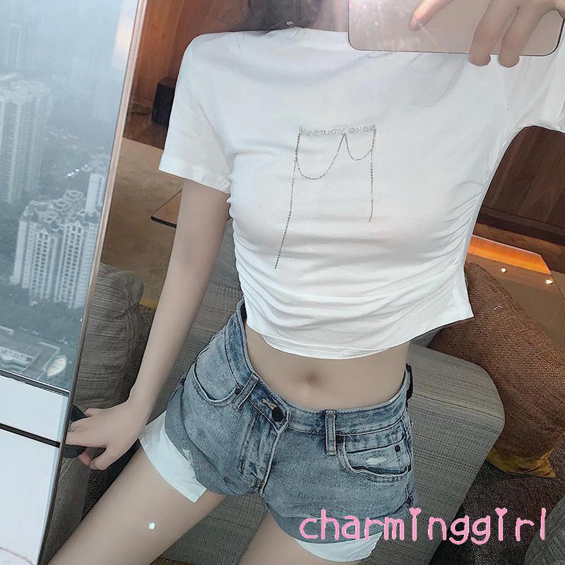 Áo Thun Ngắn Tay In Chữ Đính Đá Thời Trang Cho Nữ