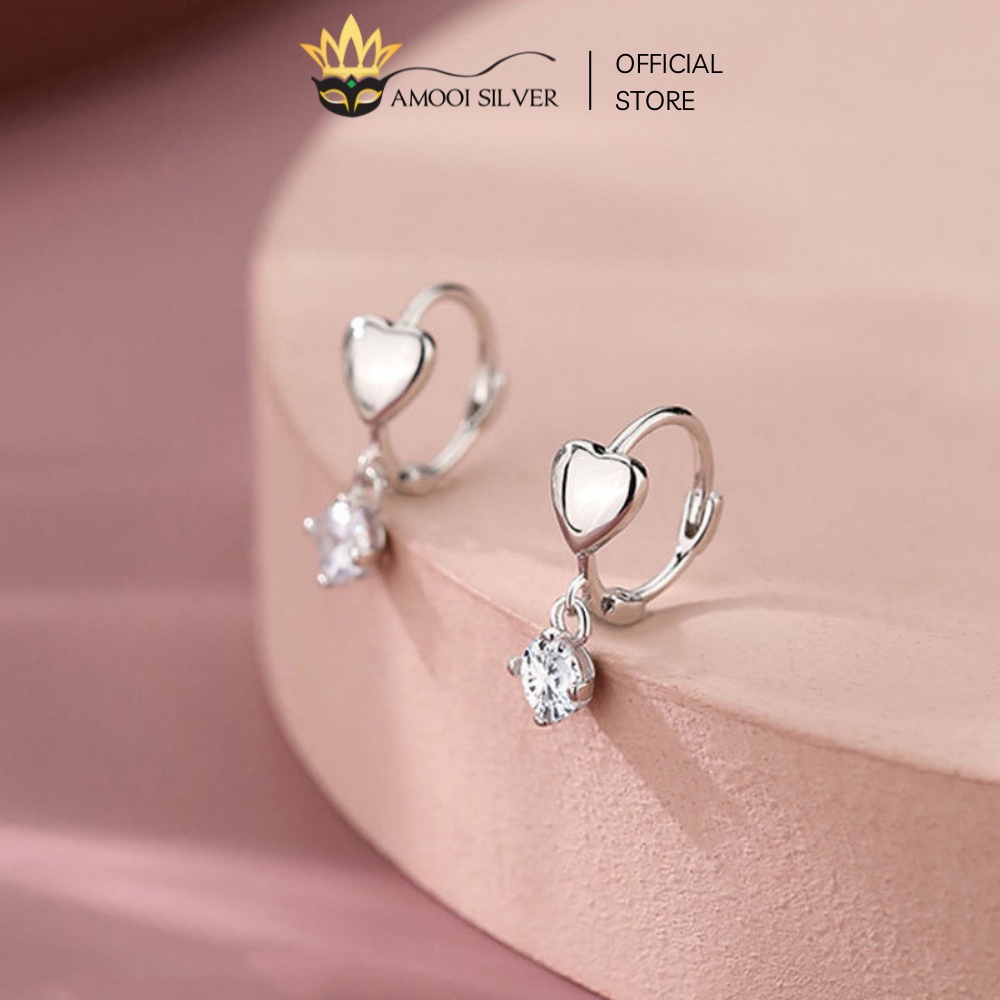 Bông Tai Bạc S925 Khoen Tròn Trái Tim Tòn Ten Đường Kính 8mm - Amooi Silver AB120