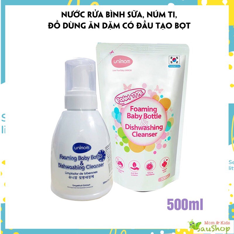 Nước rửa bình sữa túi 500ml, núm ti, dụng cụ hút sữa, đồ ăn dặm Unimom Hàn Quốc 500ml