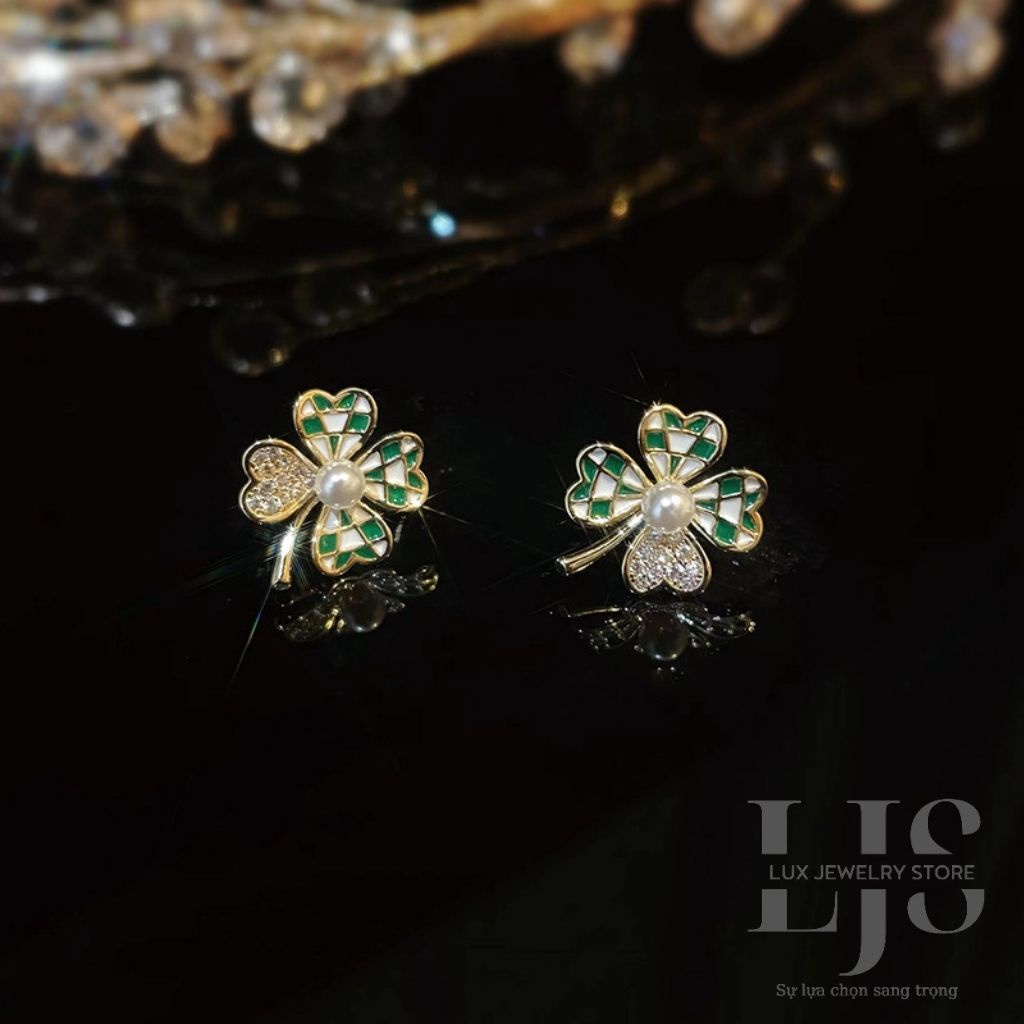 Bông tai hợp kim bạc titan Lux Jewelry, khuyên tai nữ cỏ 4 lá đính đá - LUXJ927