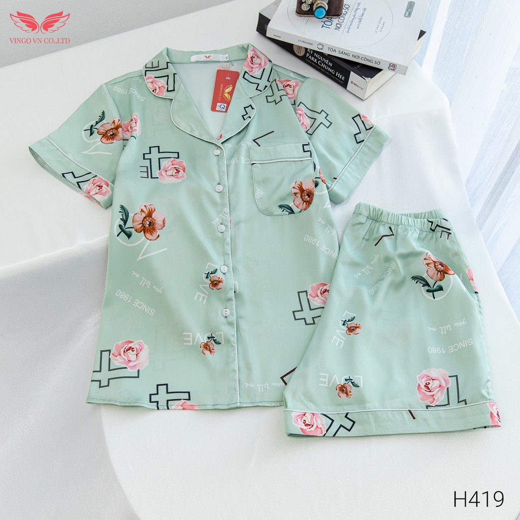 Bộ Đồ Ngủ Pyjama Mặc Nhà VINGO Nữ Lụa Pháp Cao cấp tay Cộc Quần Cộc Họa Tiết Hoa Hồng Chữ Love H419 VNGO - TCQC | BigBuy360 - bigbuy360.vn