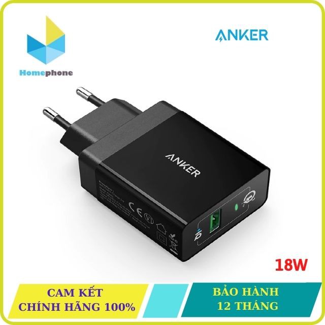 Sạc Nhanh Anker quick charge 3.0 18w PowerPort+1 và Power IQ chuẩn EU, Cổng Ra USB, Chân Tròn