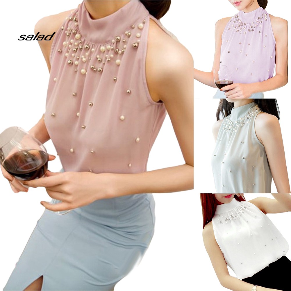 [SD] Áo Voan Không Tay Cổ Cao Đính Hạt Màu Trơn Sành Điệu Cho Nữ