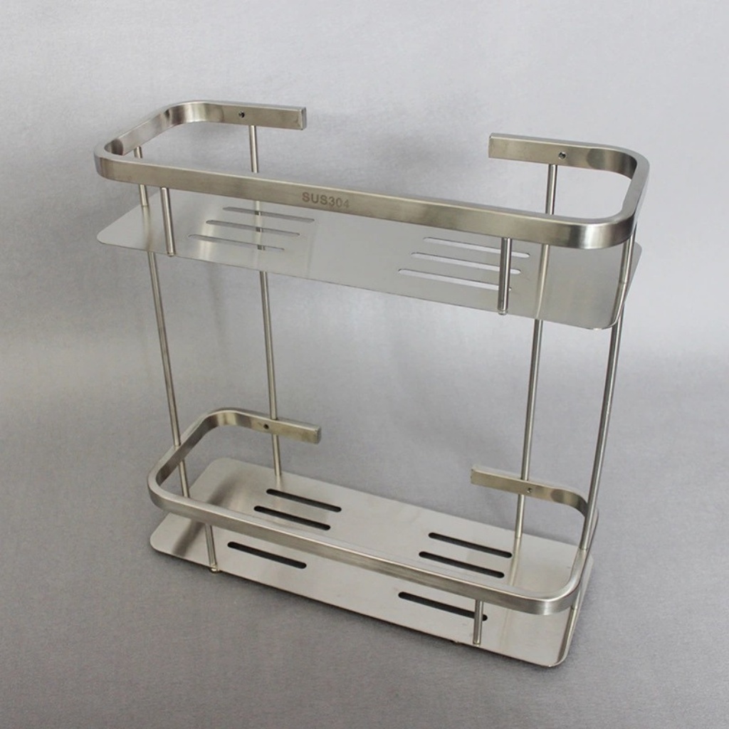 Kệ nhà tắm inox 304 2 tầng góc với phẳng treo tường và không treo đựng đồ đa năng mỹ phẩm dầu gội vv VVN120