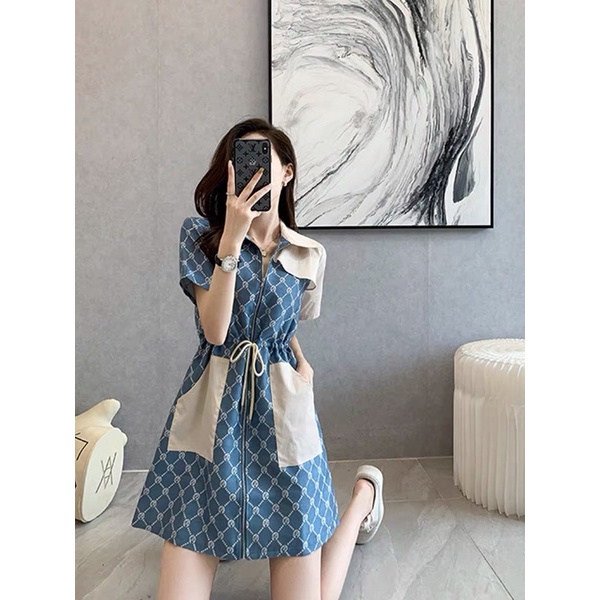 Váy dài xanh kẻ dây rút YOYO CLUB