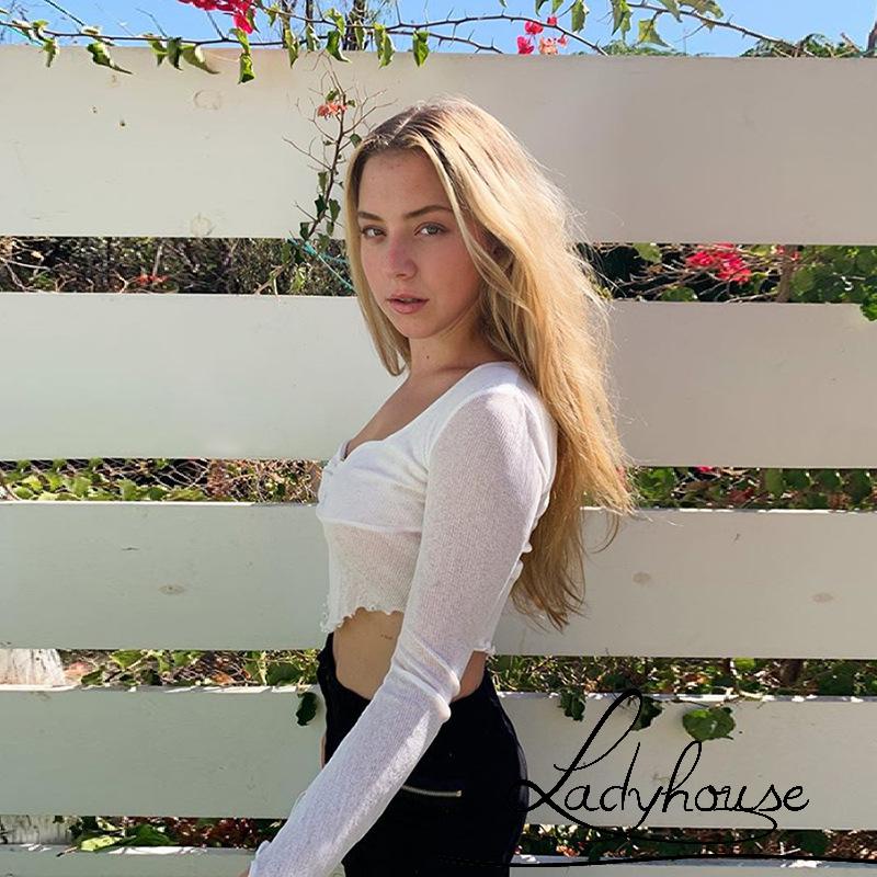 LDD-Women Sexy Short Top Long Sleeve V Neck See-Through Mesh Ruffled White Slim Fit T-shirts