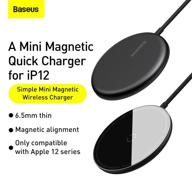 Sạc không dây nam châm Baseus BS-W522 Simple Mini , 15W dây dài 1.5m cho iPhone 12 Series