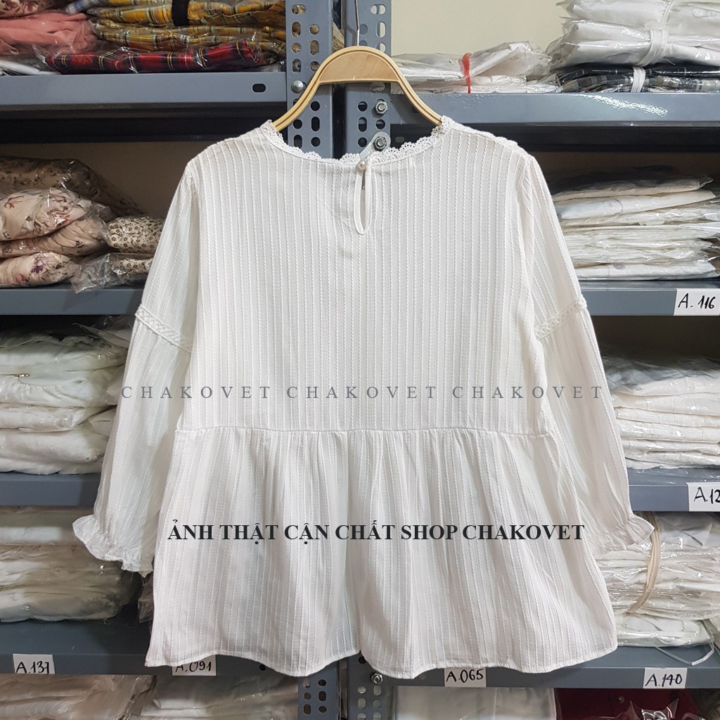 Áo sơ mi nữ dài tay Chakovet, Kiểu áo Babydoll viền ren cúc bọc tay bồng Freesize&lt;52kg - CKA073