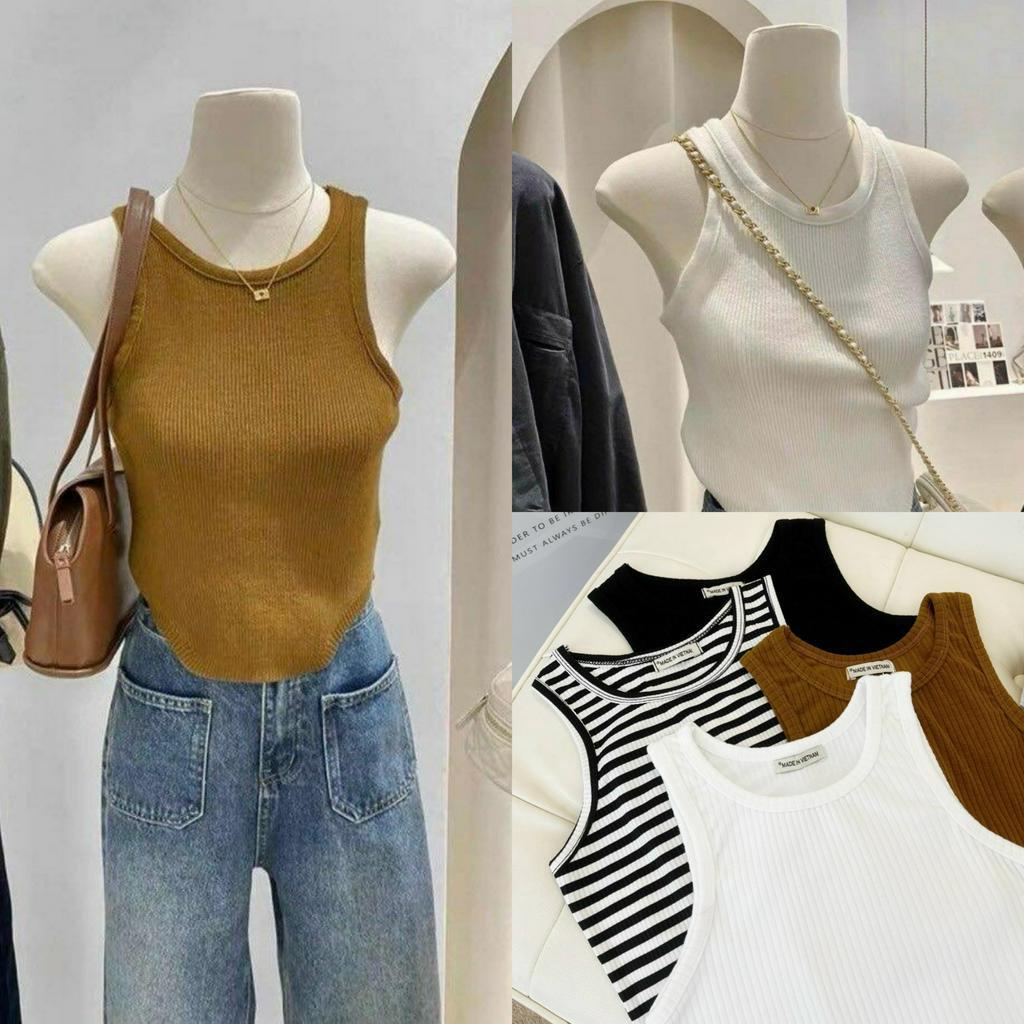 [Ảnh thật] Áo crop thun gân ba lỗ vạt bầu cách điệu