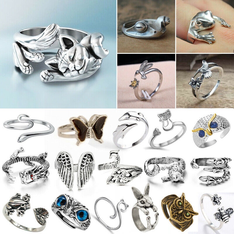 Nhẫn Hở Mạ Bạc 925 Hình Cú / Mèo / Ếch Có Thể Điều Chỉnh Kích Cỡ