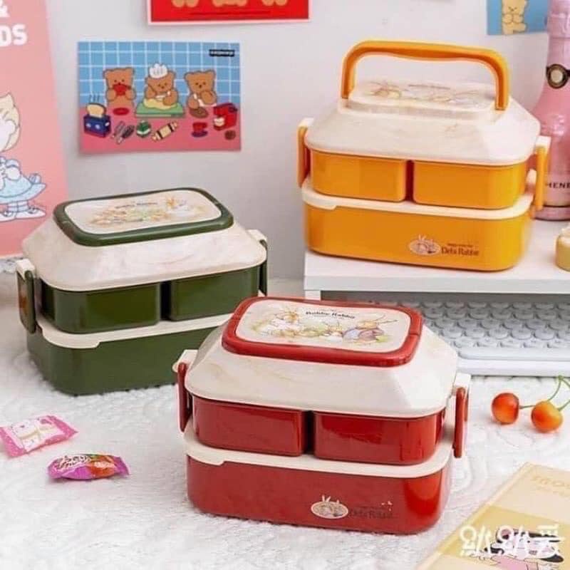 Hộp Cơm Trưa Văn Phòng 3 Ngăn 2 Tầng Con Thỏ Dùng Được Lò Vi Sóng