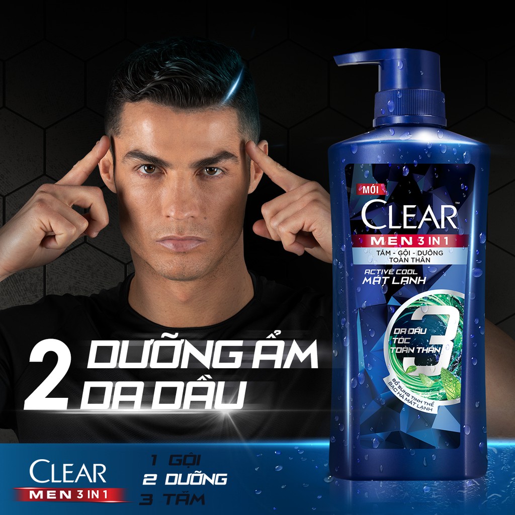 Dầu Tắm - Gội - Dưỡng Mát Lạnh 3 trong 1 cho nam Clear Men Active 630g