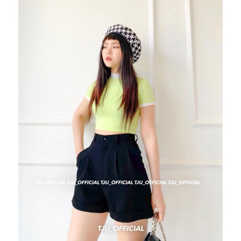 [AN MỘC] Quần Short đùi ống rộng lưng cao xếp ly gập gấu xanh Mint cá tính cho nữ