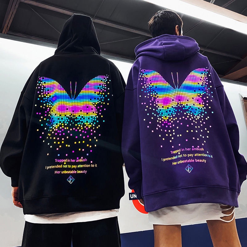 [m-8xl] Hooded Sweater hat t reflective butterfly printed   hoodie sweater Guochao Street hip hop Jacket for men and women in autumn and winter