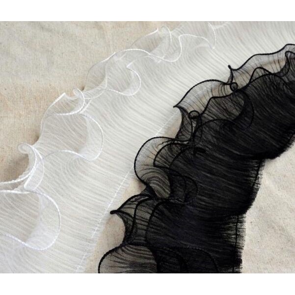 Cuộn Vải Tuyn Thêu Hoa Trắng Đen Rộng 12CM Dài 1Yard