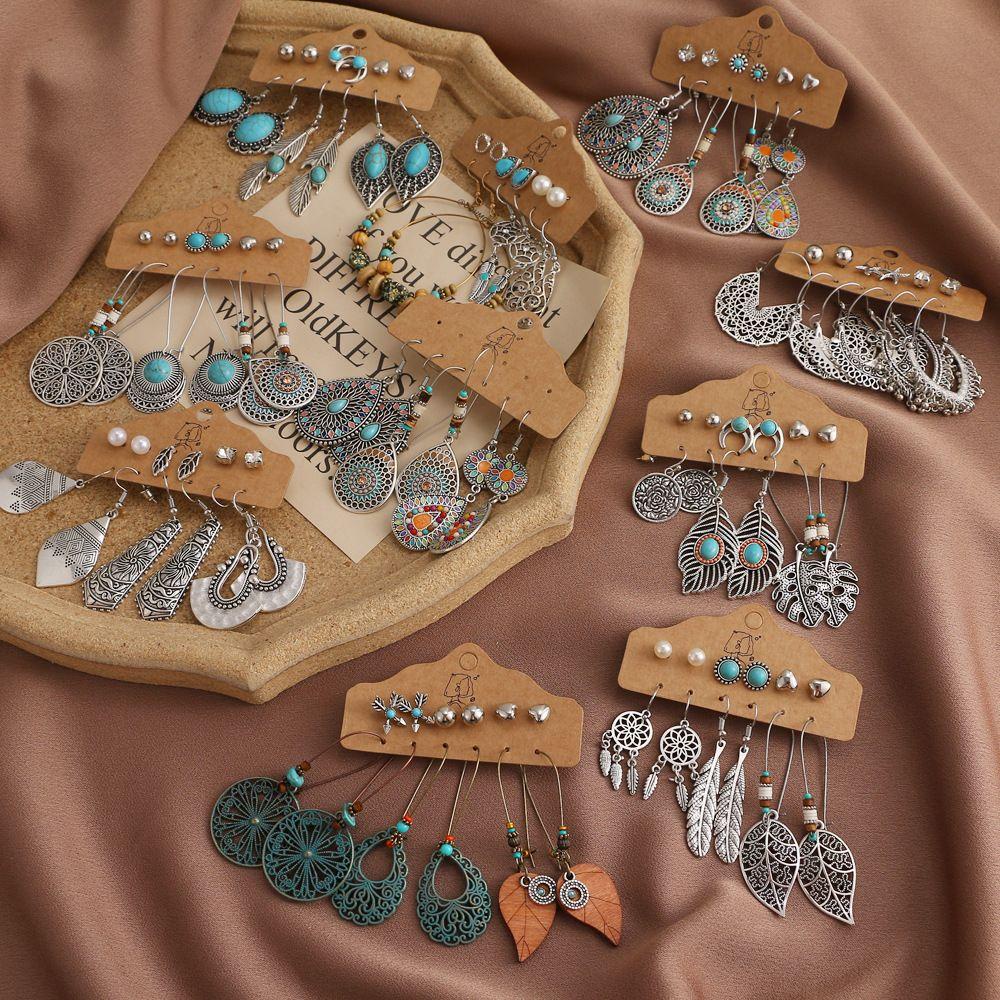 NEXTVN 6 Pairs Drop Dangle Earrings Set Vintage National Style Bronze Waterdrop Bohemian Earrings