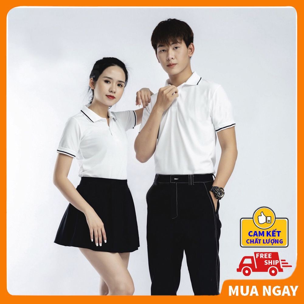 Áo polo Trắng nam nữ, áo phông nam cổ bẻ phối viền dệt sợi cotton cao cấp