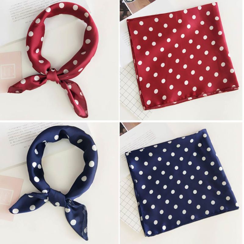 Khăn Quàng Cổ Vải Satin 48x48CM In Họa Tiết Chấm Bi / Lông Vũ Nhiều Màu Kiểu Vintage Cho Nữ