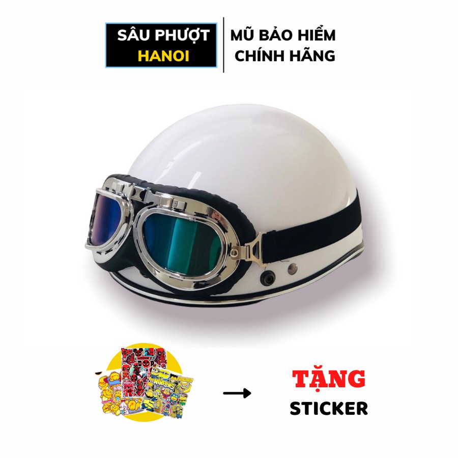 Mũ bảo hiểm nửa đầu 1/2 chính hãng màu trắng kèm kính UV kính phi công, nón bảo hiểm 1 phần 2 freesize - Sâu Phượt Hanoi