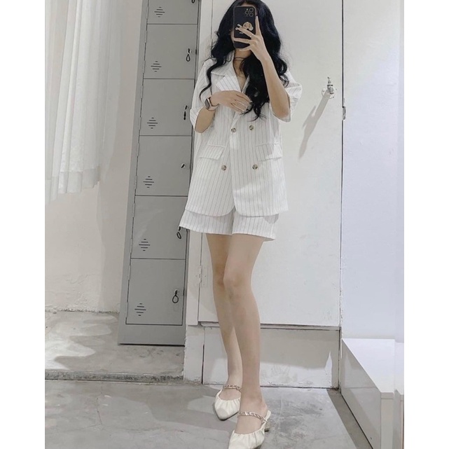 Set bộ - set vét vest ngắn tay kẻ trắng - đen 4 cúc có túi (chất kaki) m3 | BigBuy360 - bigbuy360.vn