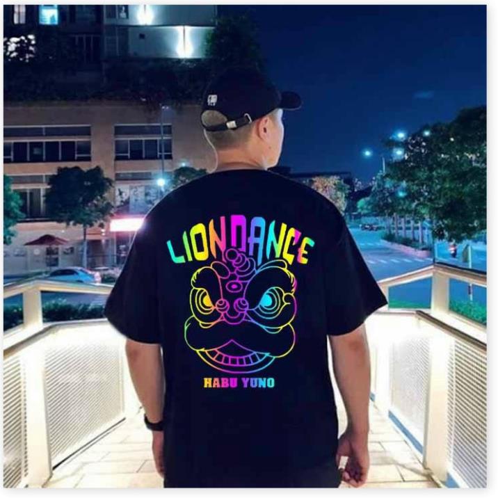 Áo thun cotton nam form rộng in phản quang đầu lân LION DANXCE, áo T-shirt mặc mùa hè