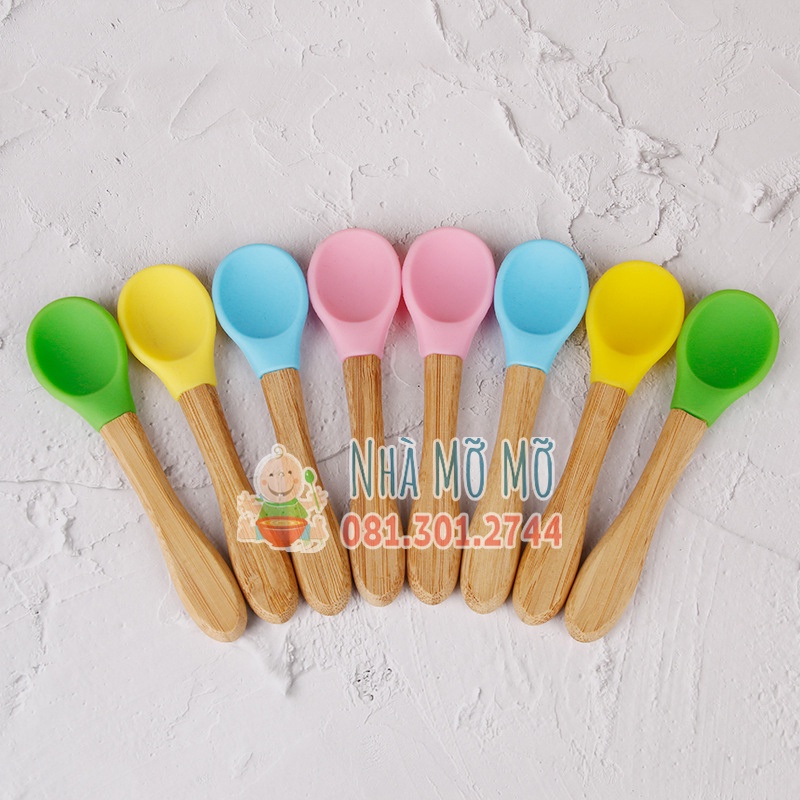 Thìa muỗng silicon cán gỗ cho bé tập múc ăn dặm giúp bé xúc cơm dễ dàng - Nhà Mỡ
