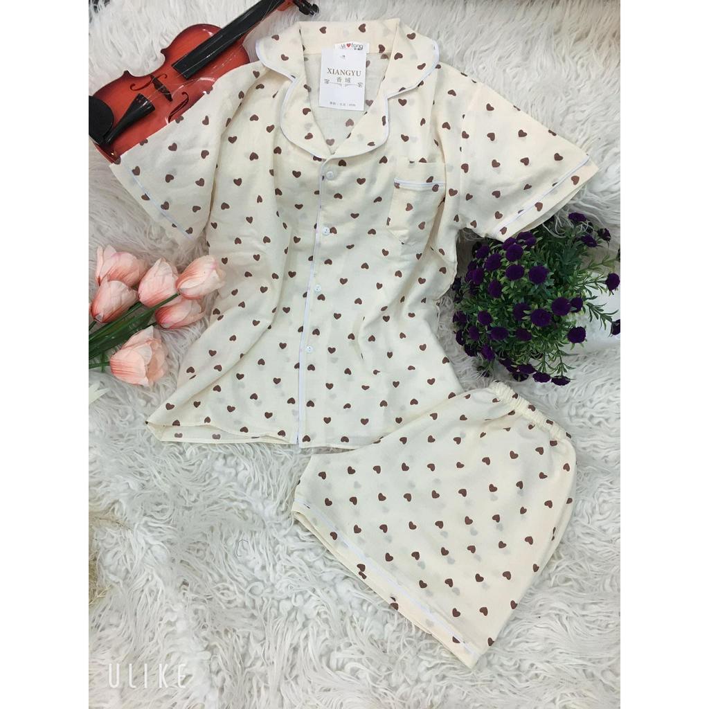Đồ bộ mặc nhà, Pijama tay ngắn quần dài, quần ngắn cổ Vest xốp đũi hàn Freesize 40-60kg