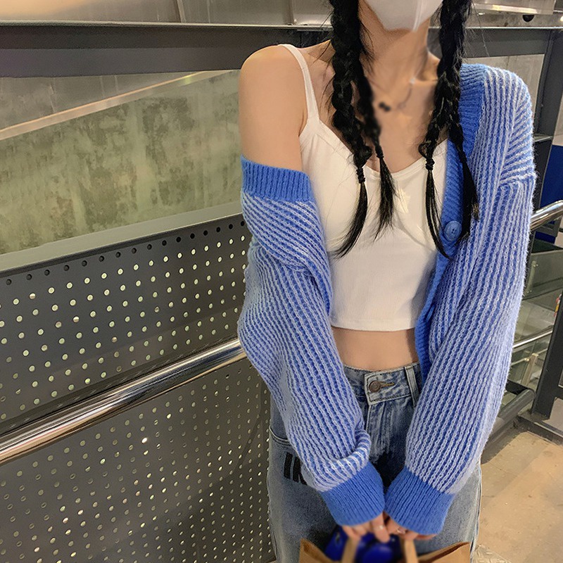 Áo Khoác Cardigan Dệt Kim Cổ Chữ V Họa Tiết Kẻ Sọc Màu Tương Phản Phong Cách Hàn Quốc Cho Nữ