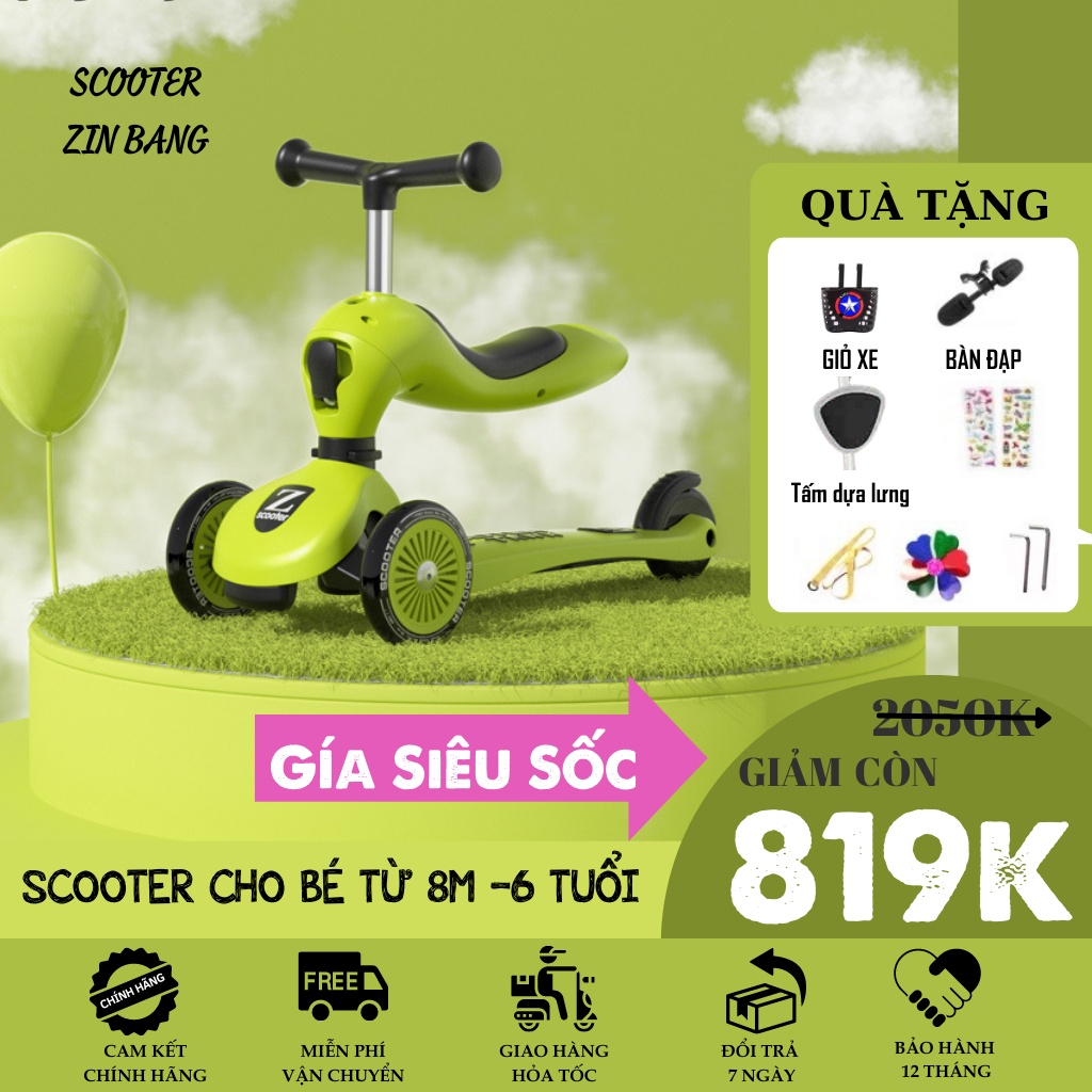 Xe Scooter cho bé ZinBang 3in1 từ 1-5 tuổi scoot and ride trượt chòi chân tập đi có tay đẩy, vòng bảo vệ