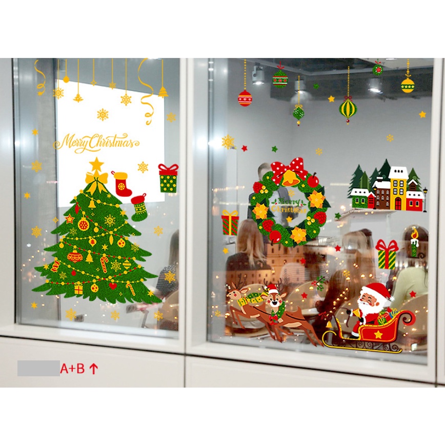 Decal dán tường Noel - Noel cưỡi tuần lộc đi phát quà bên cây thông xanh
