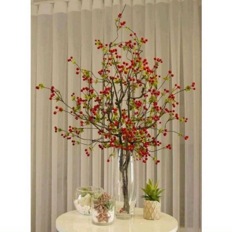 Cành Cherry Cổ Điển Cao Cấp Dài 110cm, Cành Hoa Lá Giả Trang Trí Phòng Khách, Trang Trí Nhà Cửa Dịp Tết