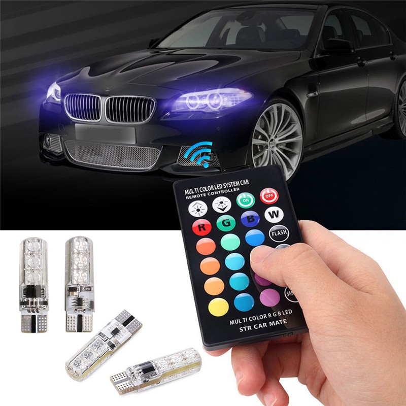 Set 4 đèn led cho xe hơi kèm điều khiển từ xa T10 6Smd 5050 Rgb