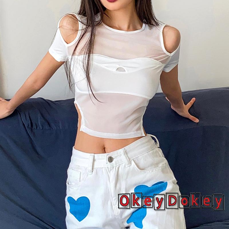 Áo Croptop Tay Ngắn Cổ Tròn Phối Lưới Thời Trang Mùa Hè Cho Nữ Size S/M/L