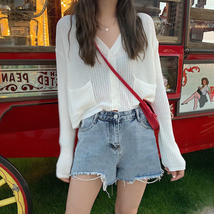 Áo cardigan len mỏng dài tay cổ V thời trang nữ freesize 336 1Z18