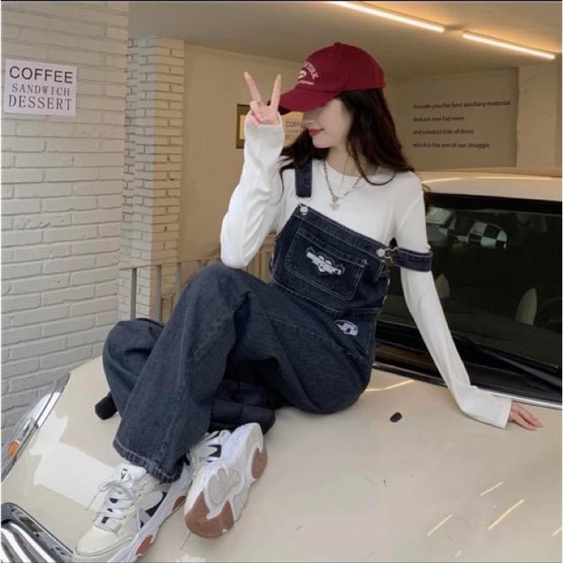 Set áo len trắng kèm áo hai dây jean denim croptop kèm quần jean dài ống suông đứng dày dặn - Order taobao quảng châu