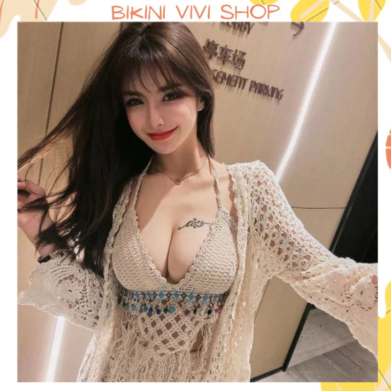 Bikini Len Đi Biển, Áo Bra Ren Tua Rua Quảng Châu Kèm Lót Vivi Shop [Ảnh Thật]