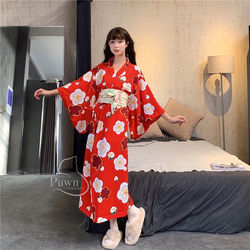 Trang phục Cosplay Kimono, Yukata hoa đỏ phong cách Nhật Bản xinh xắn đáng yêu Puwn Shop