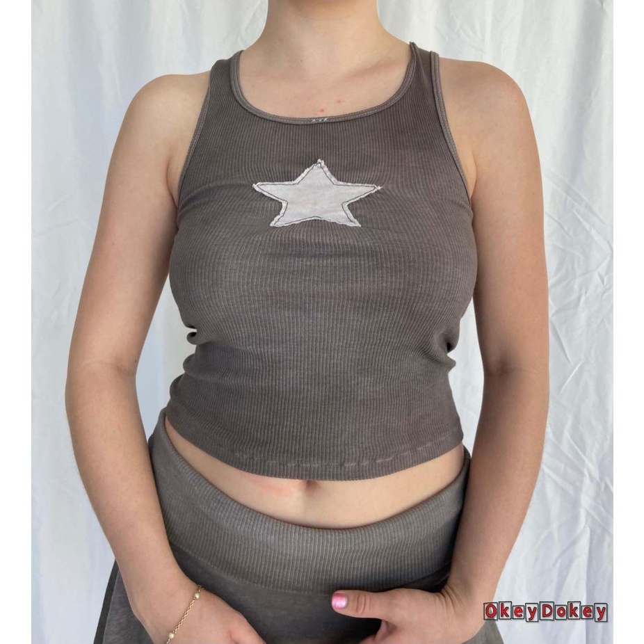OKDK-y2k Women Summer Tank Tops Retro Star Embroidered Sleeveless Crop Tops