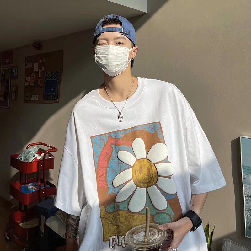 Áo Thun Tay Ngắn Cổ Tròn In Hình Hoa Cúc Mặt Cười Hoạt Hình Đơn Giản Thời Trang