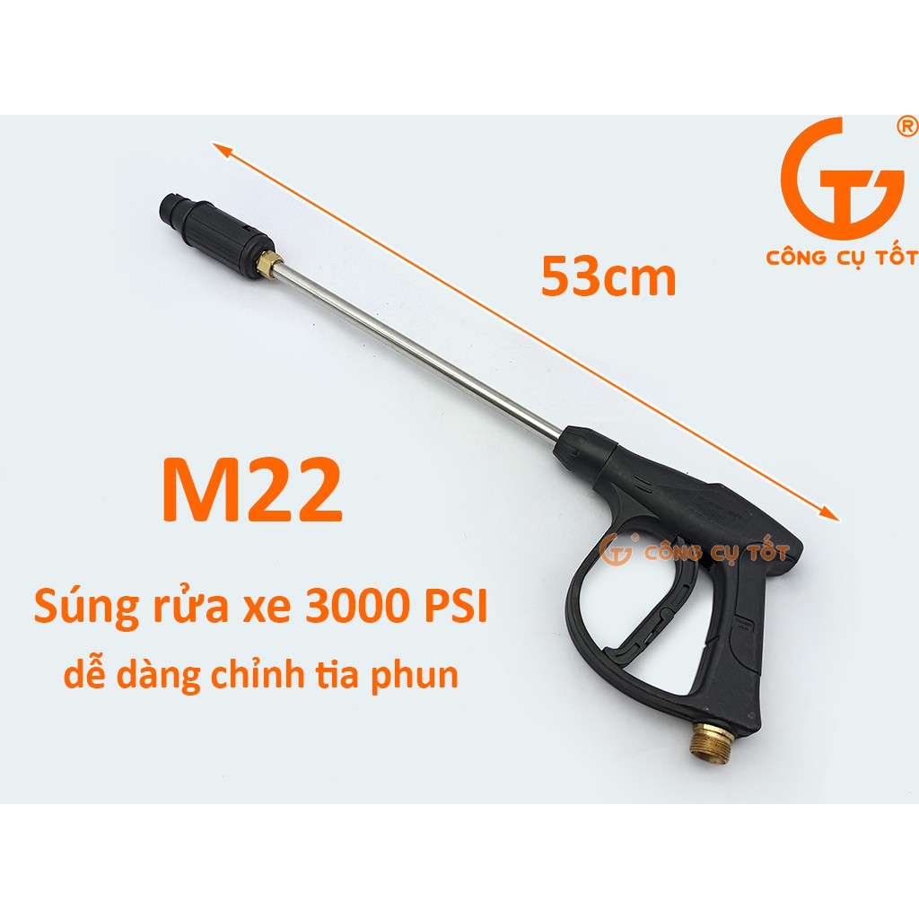 Súng rửa xe cao áp 3000psi mỏ vịt chỉnh tia dài 53cm ren ngoài to M22