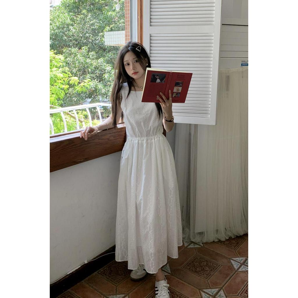 Đầm Trắng Rút Dây Màu Trơn Mùa Hè 63775