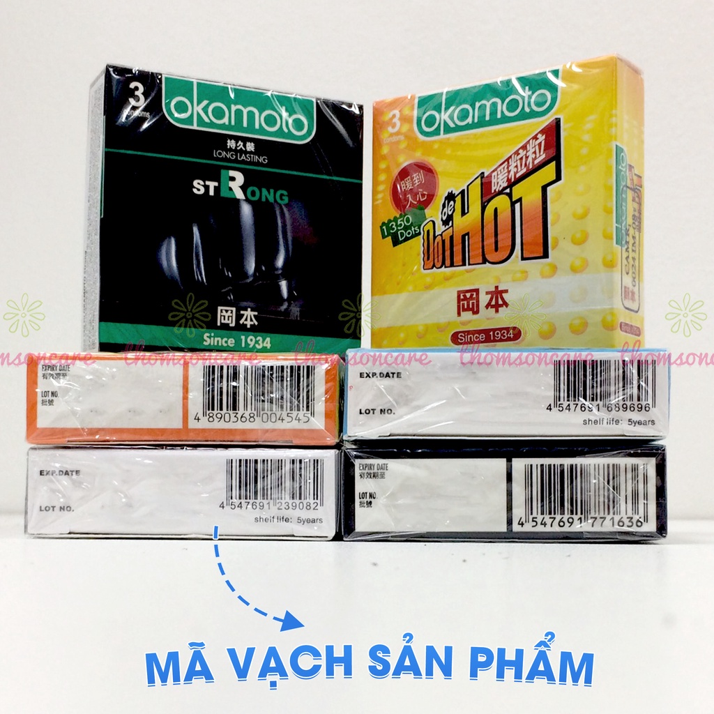 Bao cao su siêu mỏng Okamoto nhiều gel bôi trơn  - Đủ loại hương dâu, cam, vani - bcs 3 chiếc - Che tên khi giao hàng