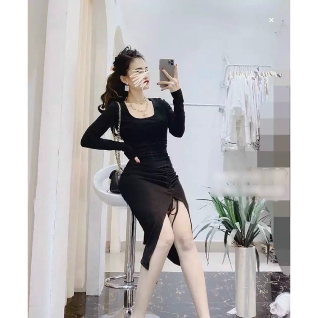 Đầm body tay dài xẻ tà chất thun đẹp - Đầm nữ sexy xẻ đùi năng động